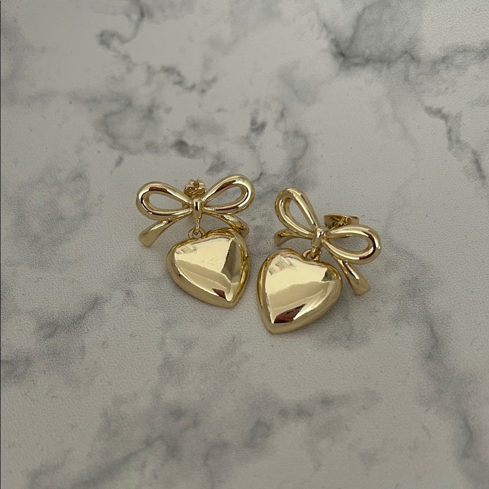 Gold Heart Bow Earrings - Picture 3 of 4